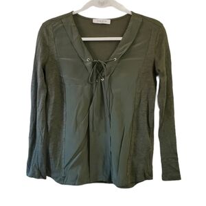 Sandro Paris Blouse Small Womens Olive Green Linen Long Sleeve Top Lace Front‎